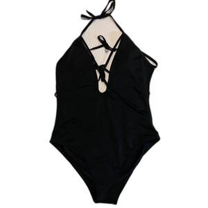SWIM- Unknown Plunge Halter Lace Up Women's One Piece Swimsuit Black XL